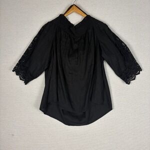 Chicos Top Womens 3/16 Black Linen Off Shoulder Lace Crochet Trim Feminine